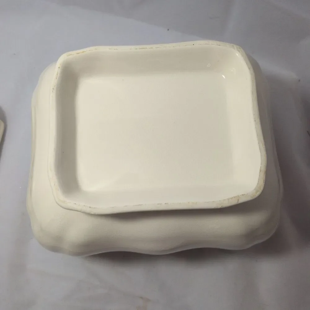 Vintage White Ceramic Soup Tureen with Lid and Ladle Scalloped Cream Shabby Chic